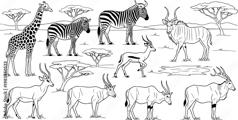 Naklejka premium African Safari Animals Illustration Set with Giraffes, Zebras, Antelopes, and Kudus on the Savanna