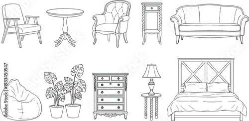 Vector illustration of home furniture and decor items including chairs, sofa, bed and plants in interior design