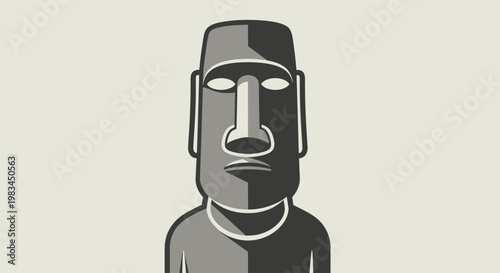 Stylized stone figure with carved features on a neutral background