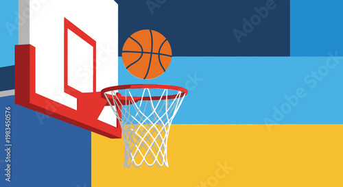 A basketball descending into a hoop with a net, set against an abstract blue and yellow background, symbolizing a successful shot in a game.