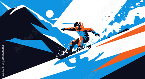 An active snowboarder performing an extreme jump in the cold winter sky over a snowy mountain peak during a high-speed snowboarding sports activity