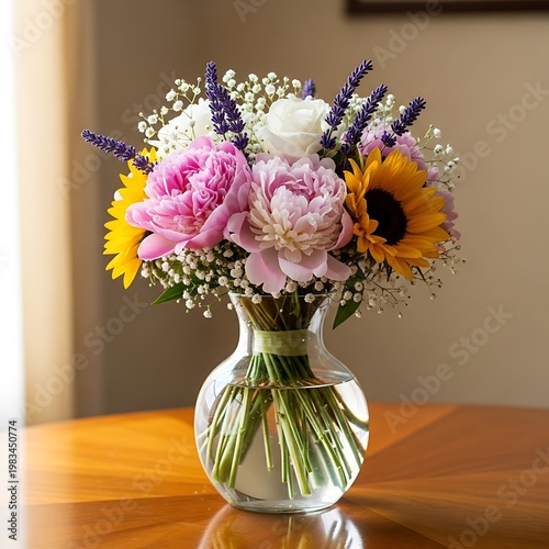 Floral arrangement with peonies, sunflowers, and lavender in a vase.