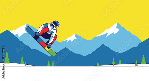 An active snowboarder performs an extreme freestyle jump against a cold blue sky in this action-packed winter mountain landscape at an Alps ski resort