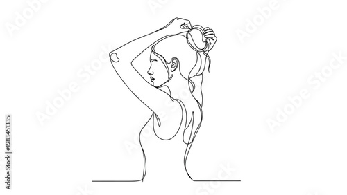 Minimalist Continuous Line Drawing Woman Adjusting Hair Bun Hairstyle – Graceful Beauty Pose Abstract Single Line Vector Illustration