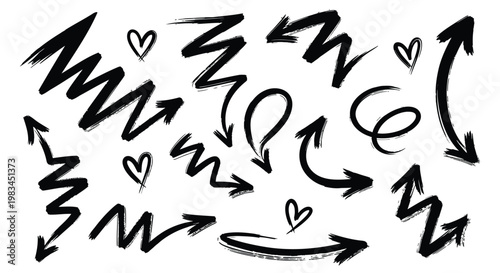 Hand drawn arrows, black brush stroke arrows, heart symbols, directional icons, vector graphics