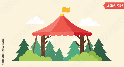 Red tent with yellow flag in forest clearing under cloudy sky