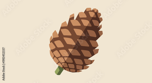 A simple, brown pinecone with a green stem on a pale background