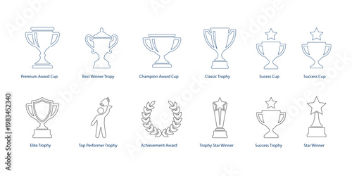 Champion Trophy lineart icon set. Achievement Award, Champion Award, Cup Success Trophy, Success Cup, Top Performer Trophy, Best Winner Trophy, Star Winner