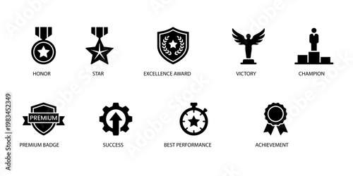 Award Medal Solid Icons Set. Achievement, Best Performance, Success, Premium Badge, Champion, Victory, Excellence, AwardStar, Honor