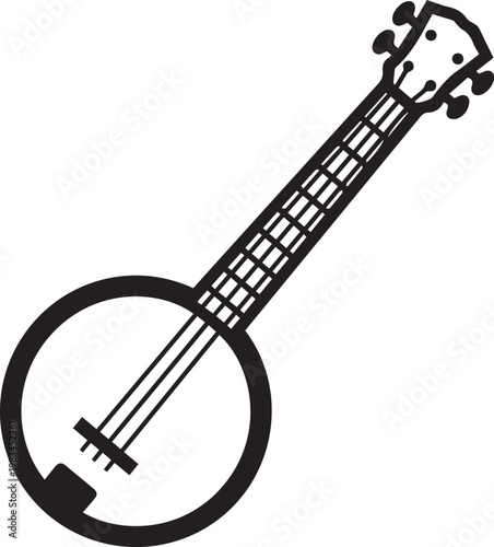 Premium High-Resolution Flat Black & White Vector Banjo Icon with Round Body and Long Neck – Perfect for Music Apps, Educational Content, Branding, UI/UX Design, Folk & Bluegrass Themes