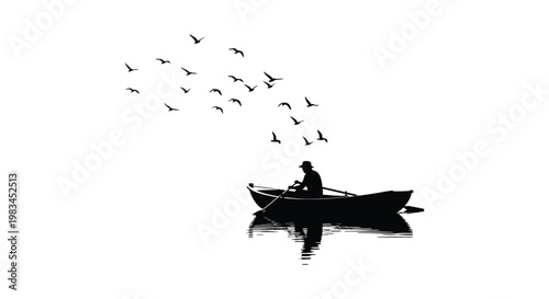 A lone fisherman rows a small boat on calm water surrounded by a flock of birds a striking silhouette