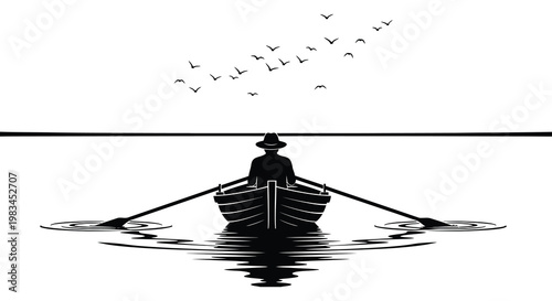 A lone fisherman rows a small boat on calm waters under a flock of birds a striking silhouette high quality professional