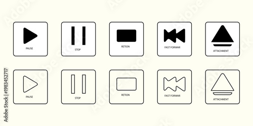Multimedia solid and lineart icons. pause, stop, retion, fast forwar, attachment