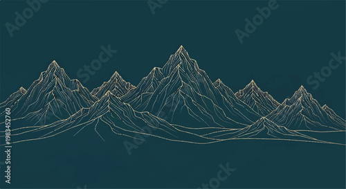 Minimalist mountain range line art illustration on dark teal background with mountain illustration minimalist landscape adventure exploration abstract geography backdrop stylized wilderness