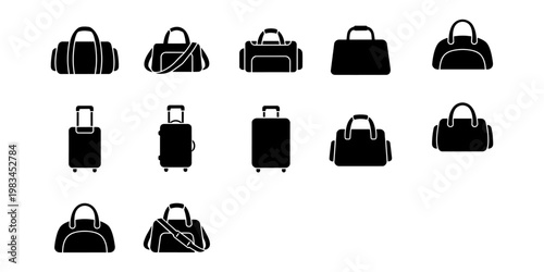Travel and Sports Bag Solid Icons Set  Collection.  Duffle, Gym, Luggage, Suitcase, compact gym bag solid, zipper sport bag solid, handle travel