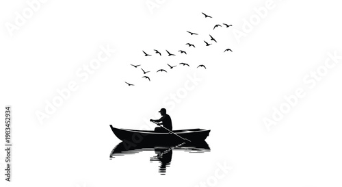 A lone fisherman rows a boat on calm waters as birds fly overhead captured in striking silhouette high quality professional detailed