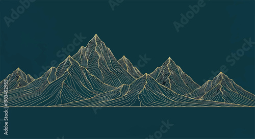 Stylized mountain peaks vector graphic design with fine line detail mountain landscape minimalist wilderness environment adventure geography backdrop abstract exploration stylized creative