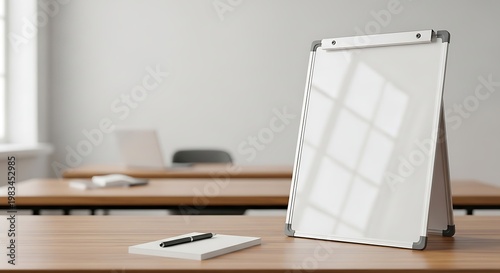 Whiteboard and Notebook on a Wooden Table in a Classroom Setting.