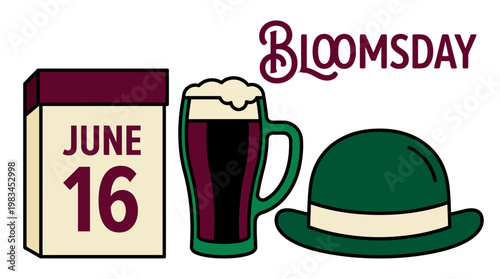 Bloomsday elements, including June 16 calendar, beer mug, and green bowler hat, representing James Joyce's literary event, in flat vector art with maroon and green colors on a white background.