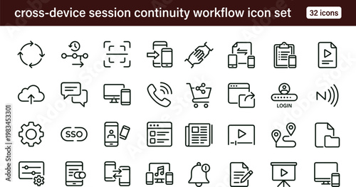 Cross device session continuity workflow outline icon set for seamless authentication synchronization communication interface user experience systems platform