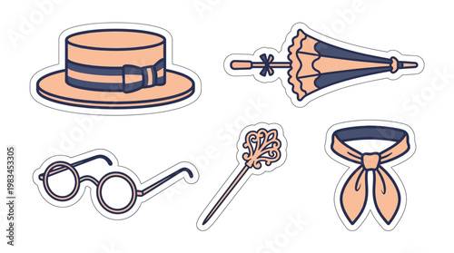Victorian Accessories Collection: Hat, Umbrella, Glasses, Cane, Necktie - Vintage Flat Vector Icon Set