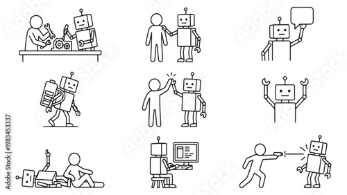 Human and Robot Cooperation Icon Set, Artificial Intelligence Collaboration, Future Technology Concepts.
