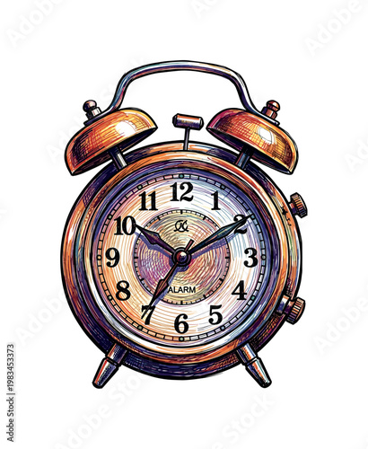 Alarm clock with twin bells and hammer forming classic bedside timekeeping device with recognizable silhouette in expressive