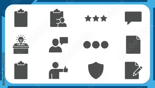 Large Collection of Customer Feedback Icons Featuring Survey Clipboard, Rating Stars, Suggestion Box, User Review and Identity Verification Graphic Elements Vector Set