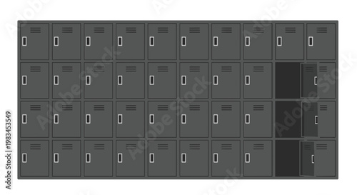 Extensive grid of dark grey metal storage lockers features three open doors on the right side revealing dark empty interiors against a white background.