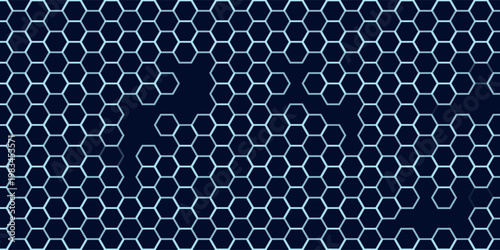 Obraz na płótnie Abstract hexagon pattern background - futuristic sci fi honeycomb grid, glowing blue neon lines on dark