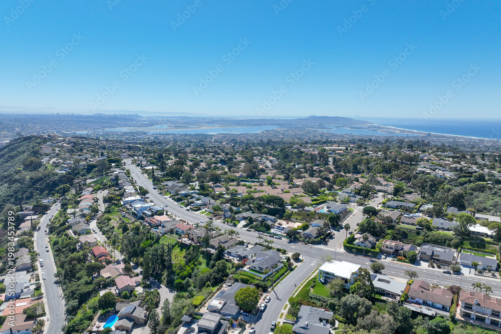 Fototapeta premium Aerial view of La Jolla Hills with big villas, San Diego, South California, USA