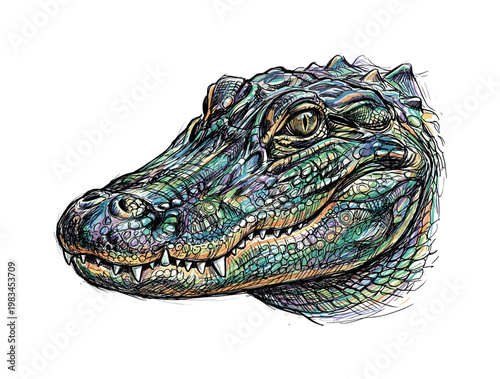 Alligator head portrait in three-quarter view with broad snout and textured scales forming powerful reptilian facial structure in