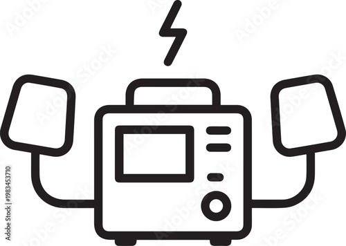 Premium High-Resolution Vector Icon Depicting a Defibrillator with Paddles and Charging Symbol for Medical Emergency Response, First Aid Training, Healthcare Education, CPR Instruction