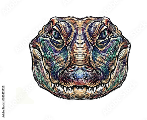 Vibrant, detailed illustration of an alligator's head with colorful, textured scales