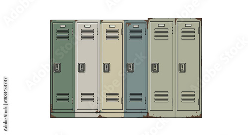Row of six vintage metal lockers with weathered textures and rusted edges displays a palette of muted green beige and blue tones on a white background.