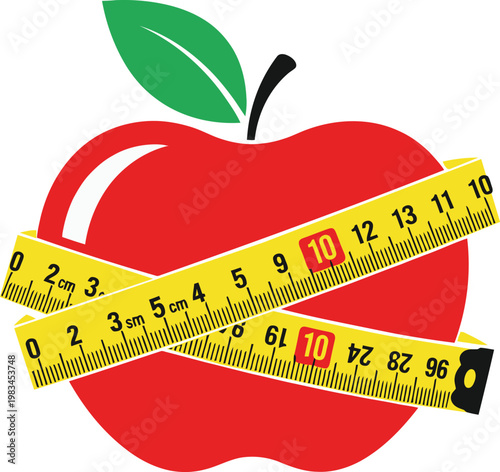 A red apple wrapped with a measuring tape symbolizing healthy diet weight loss and nutrition