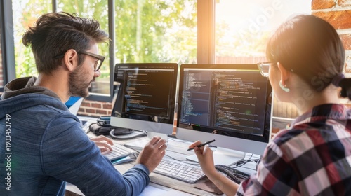 Software Developers Working on Computers in Bright Modern Office