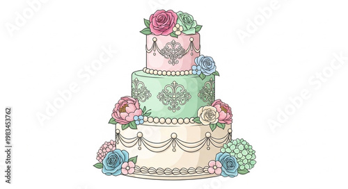 Elegant three-tier wedding cake decorated with flowers and frosting.