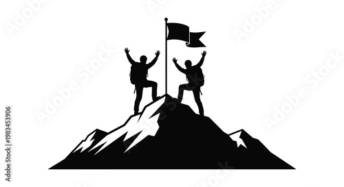 Two hikers celebrate reaching a mountain peak with arms raised a triumphant moment depicted in silhouette high quality professional detailed modern