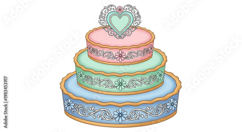 Elegant Three Tier Wedding Cake with Heart Topper.