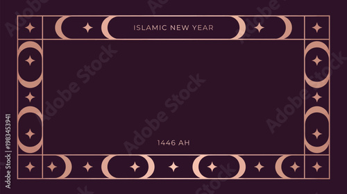 Islamic New Year 1446 AH greeting card with celestial border and rose gold accents