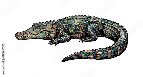 Resting alligator in full body pose with body flattened and tail curved alongside highlighting armored scales and natural