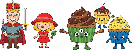 King with sword girl in red hat and cute cupcake dessert characters cartoon vector illustration collection