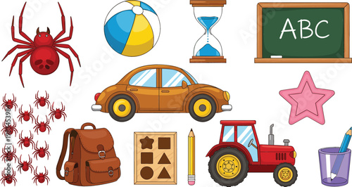 Spider insects school items car tractor beach ball and hourglass cartoon vector illustration collection for kids learning