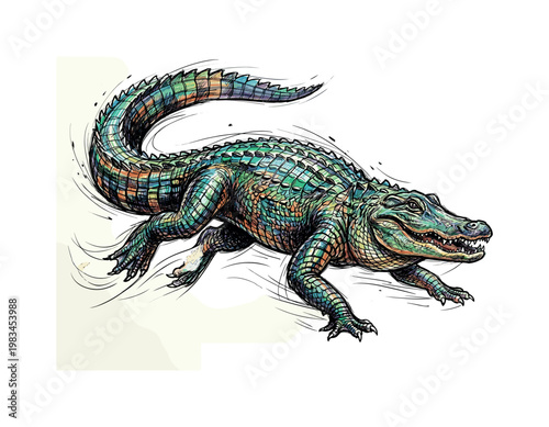 Alligator in dynamic stride with extended limbs and sweeping tail capturing motion and strength through structured anatomy and