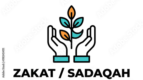 Zakat Sadaqah Hands Plant Holding Growing Islamic Charity Growth Flat Outline Colorful Icon Vector Isolated Graphic