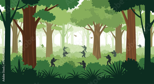 Numerous silhouetted soldiers carrying rifles maneuver through a dense lush forest filled with towering brown tree trunks and vibrant green layered foliage.