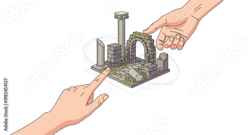 Two human hands gesture towards a miniature isometric reconstruction of classical Greek architectural ruins featuring weathered stone columns and a central stone arch.