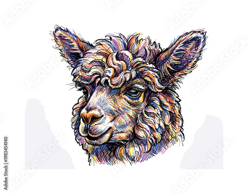 Close-up alpaca head focusing on eyes nose and dense wool texture creating soft volume and rounded structure through layered