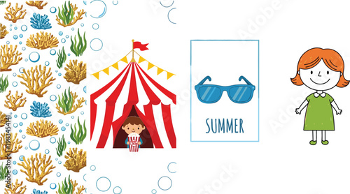 Underwater coral pattern circus tent summer sunglasses poster and cute girl cartoon vector illustration collection